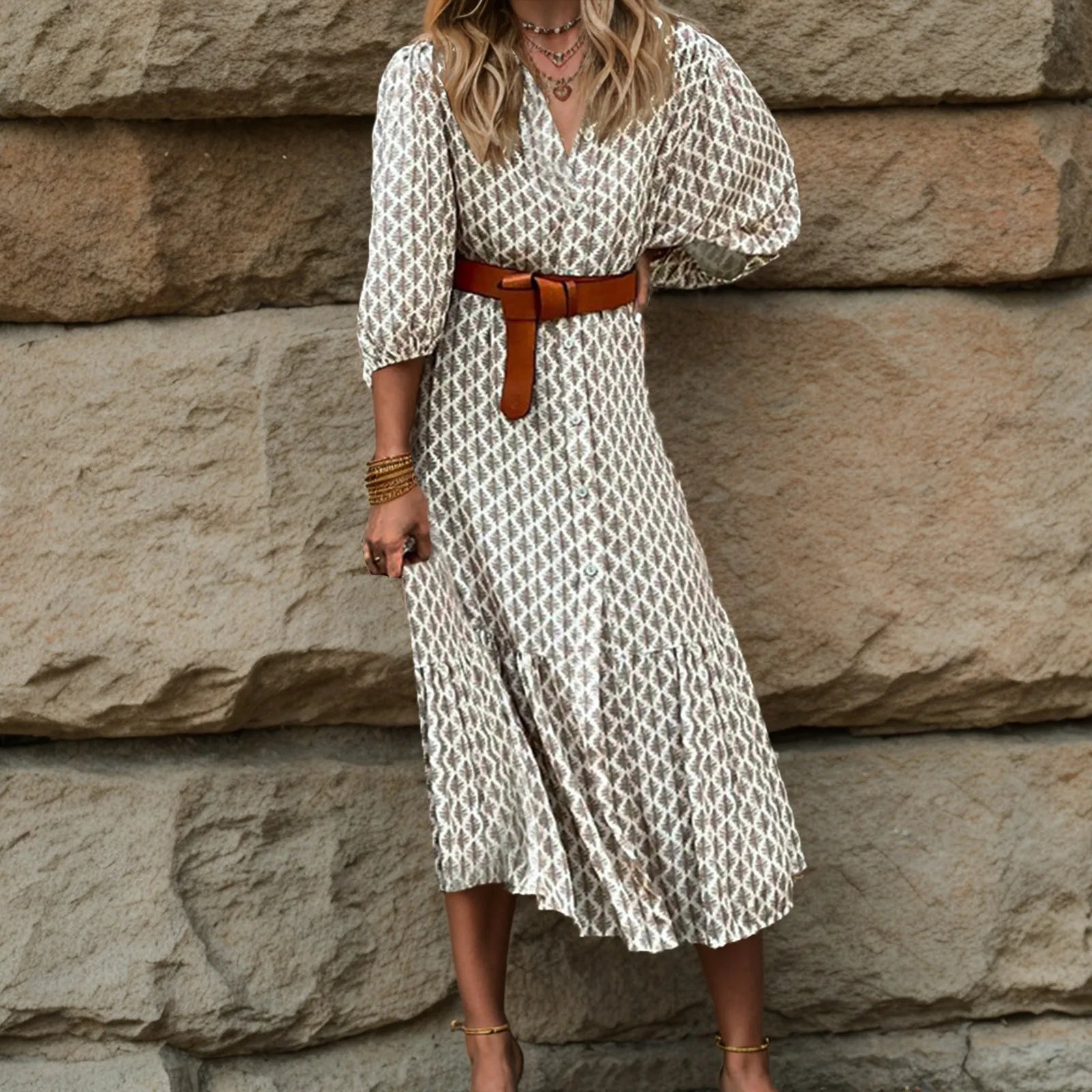 Printed Puff Sleeve Belted Midi Dress with Relaxed Contemporary Shape