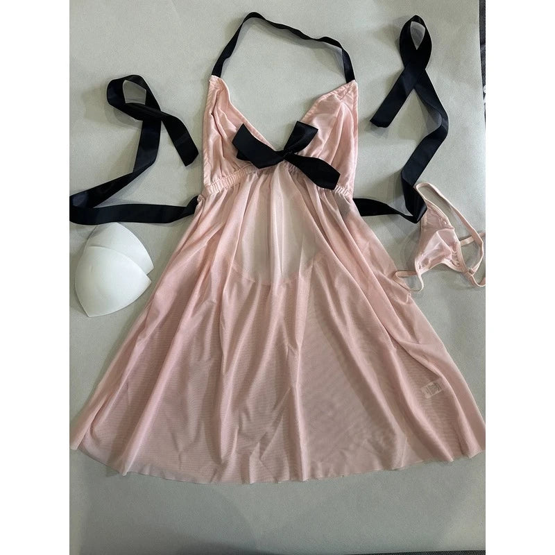 Pastel Pink Pleated Mesh Babydoll Nightdress with Contrasting Black Ribbon Ties