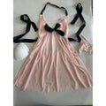Pastel Pink Pleated Mesh Babydoll Nightdress with Contrasting Black Ribbon Ties