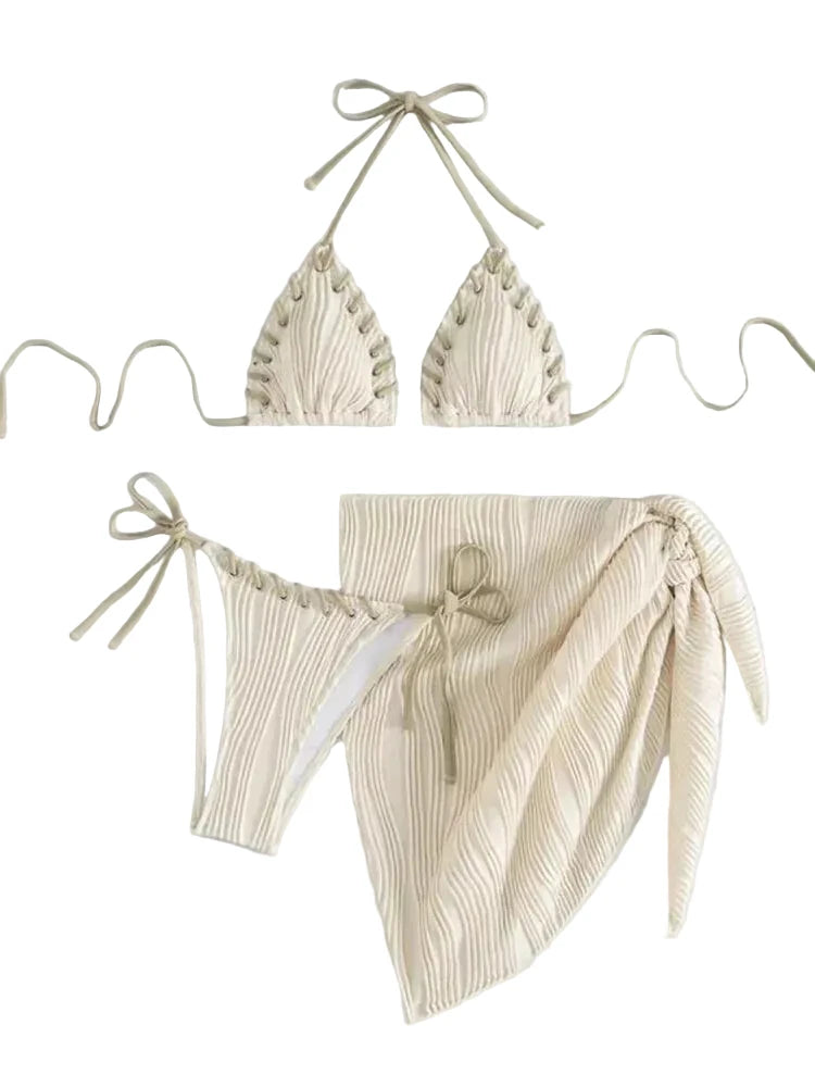 Textured Cream Three-Piece String Bikini Set with Woven Scalloped Trim