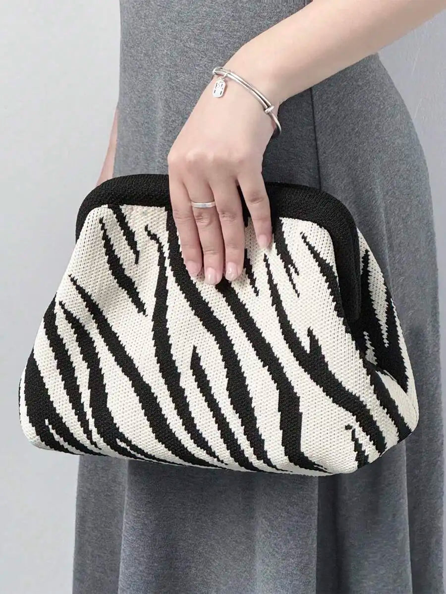 Animal Pattern Knit Clutch Bag with Compact Shoulder Carry Design