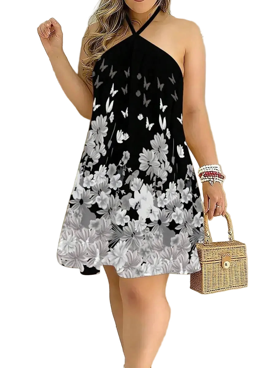 Butterfly Inspired Floral Print Halter Neck Mini Dress With Flowy A-Line Fit