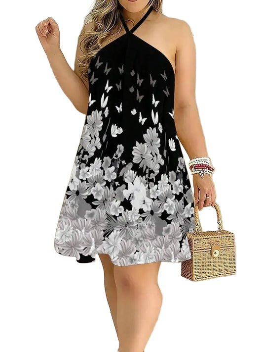 Butterfly Inspired Floral Print Halter Neck Mini Dress With Flowy A-Line Fit