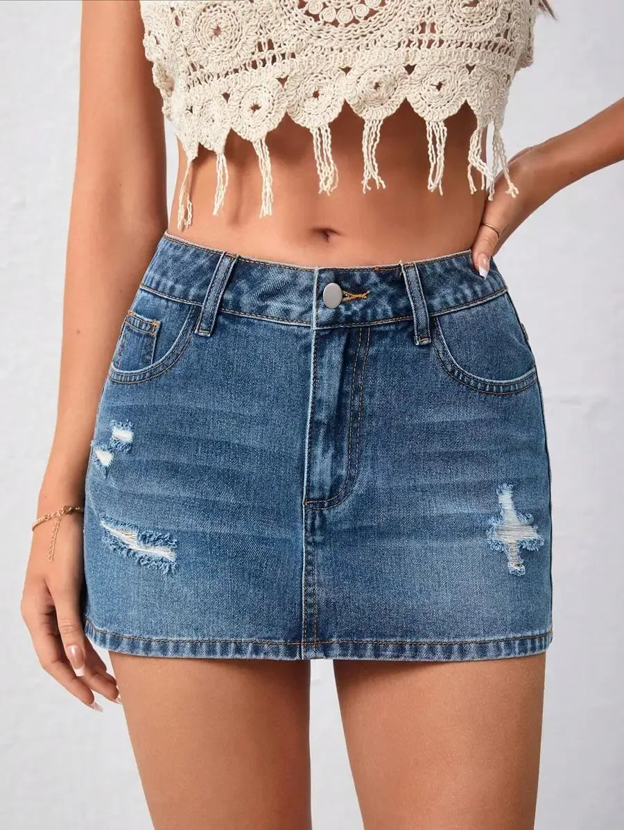 Distressed Denim Mini Skirt with Ripped Details and Streetwear Edge