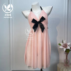 Peach Pleated Mesh Halter Babydoll with Contrast Black Bow Detailing