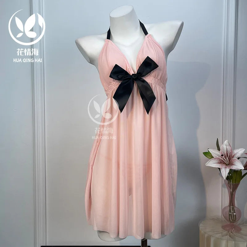 Peach Pleated Mesh Halter Babydoll with Contrast Black Bow Detailing