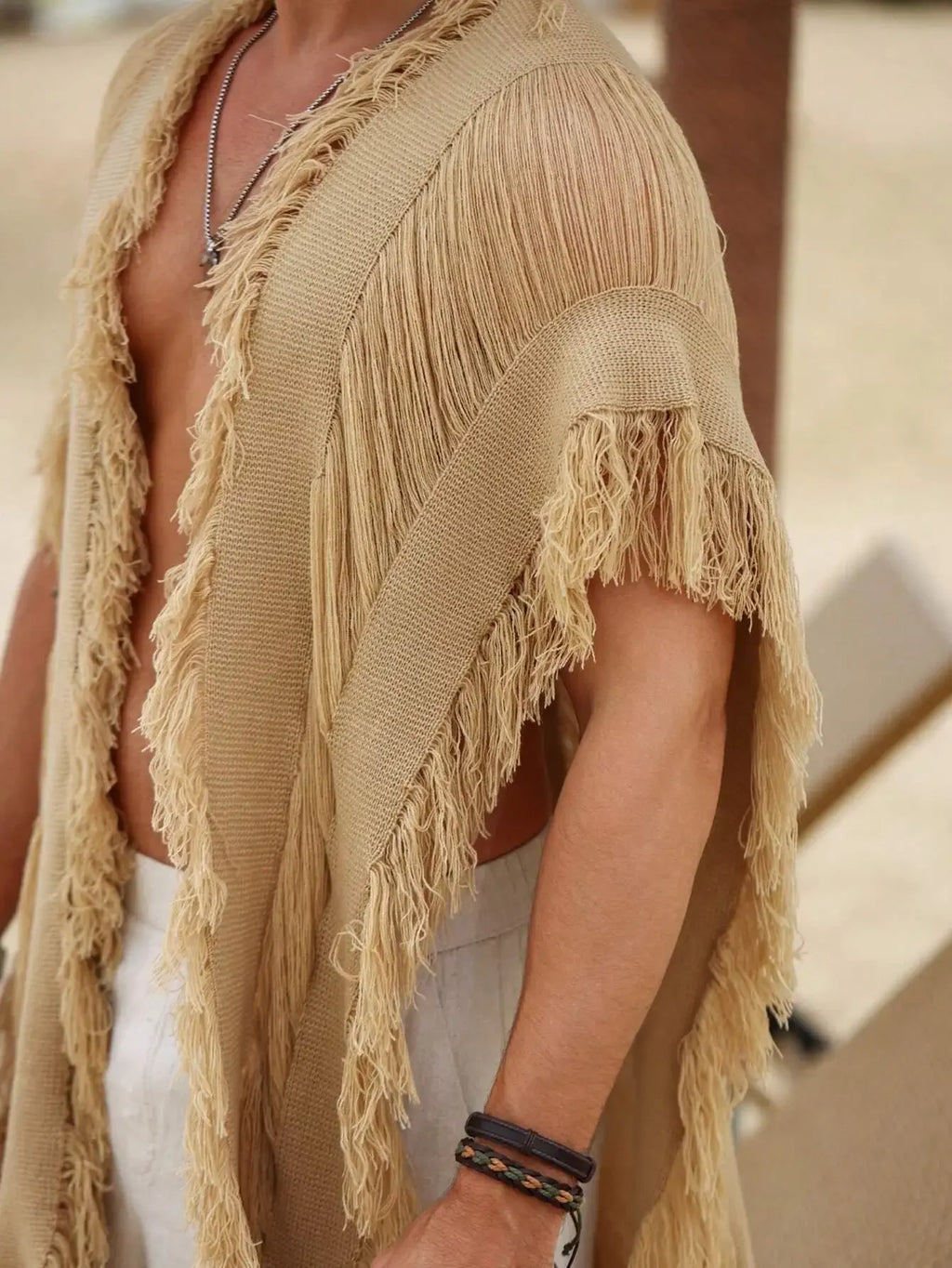 Men's Fringed Sleeveless Knit Cardigan with Oversized Boho Layering Silhouette