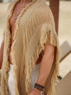 Men's Fringed Sleeveless Knit Cardigan with Oversized Boho Layering Silhouette