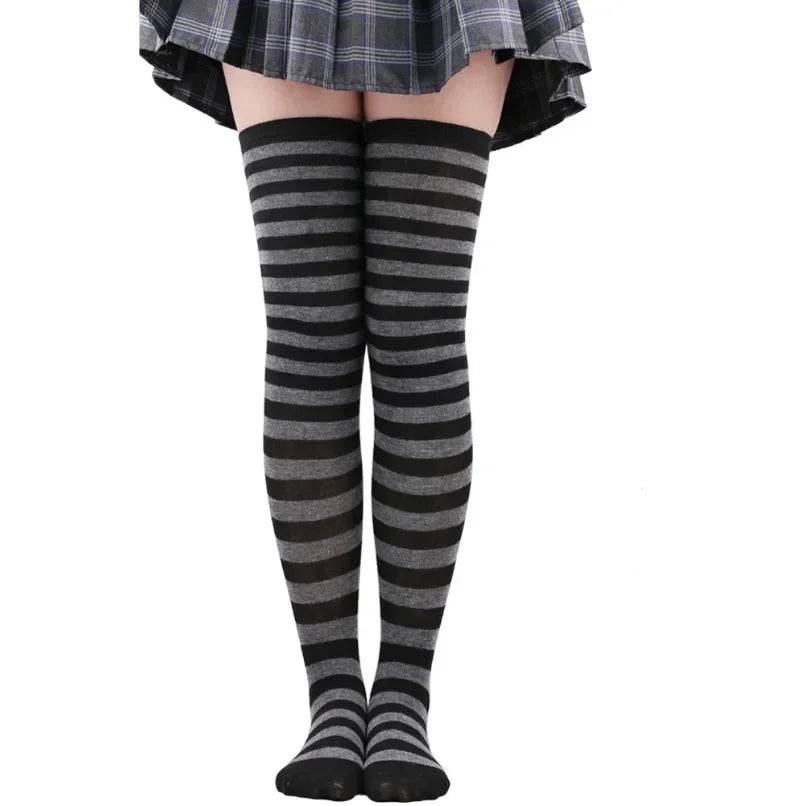 Striped Thigh High Socks with Stretch Knit Construction for Casual Y2K Streetwear Fashion