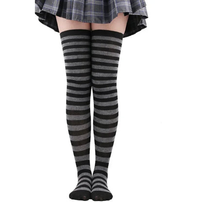 Striped Thigh High Socks with Stretch Knit Construction for Casual Y2K Streetwear Fashion