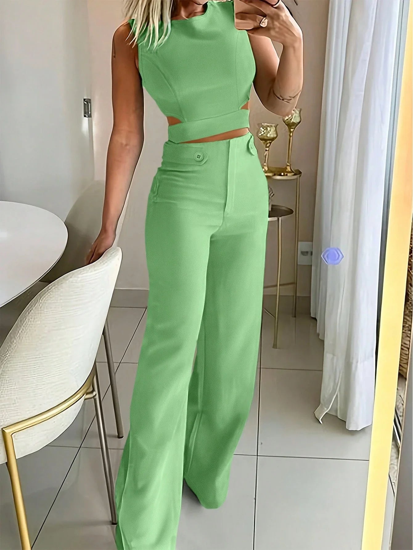 Sleeveless Button Detail Top and Flare Pants Casual Co-Ord Set