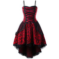 Gothic-Inspired Red and Black Lace Overlay Mini Dress with Tiered Hem