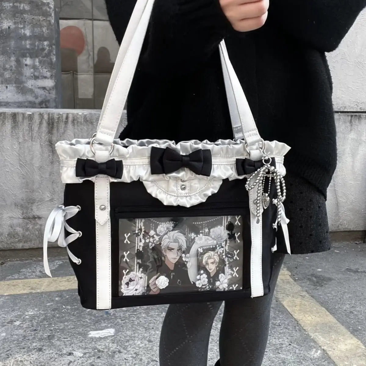 Display Window Tote Bag with Ribbon Accents Large Capacity Shoulder Carry Design
