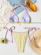 Playful Yellow Plaid Triangle Bikini with Pink Ruffle Trim