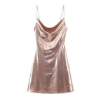 Metallic Finish Spaghetti Strap Mini Dress with Draped Cowl Neckline