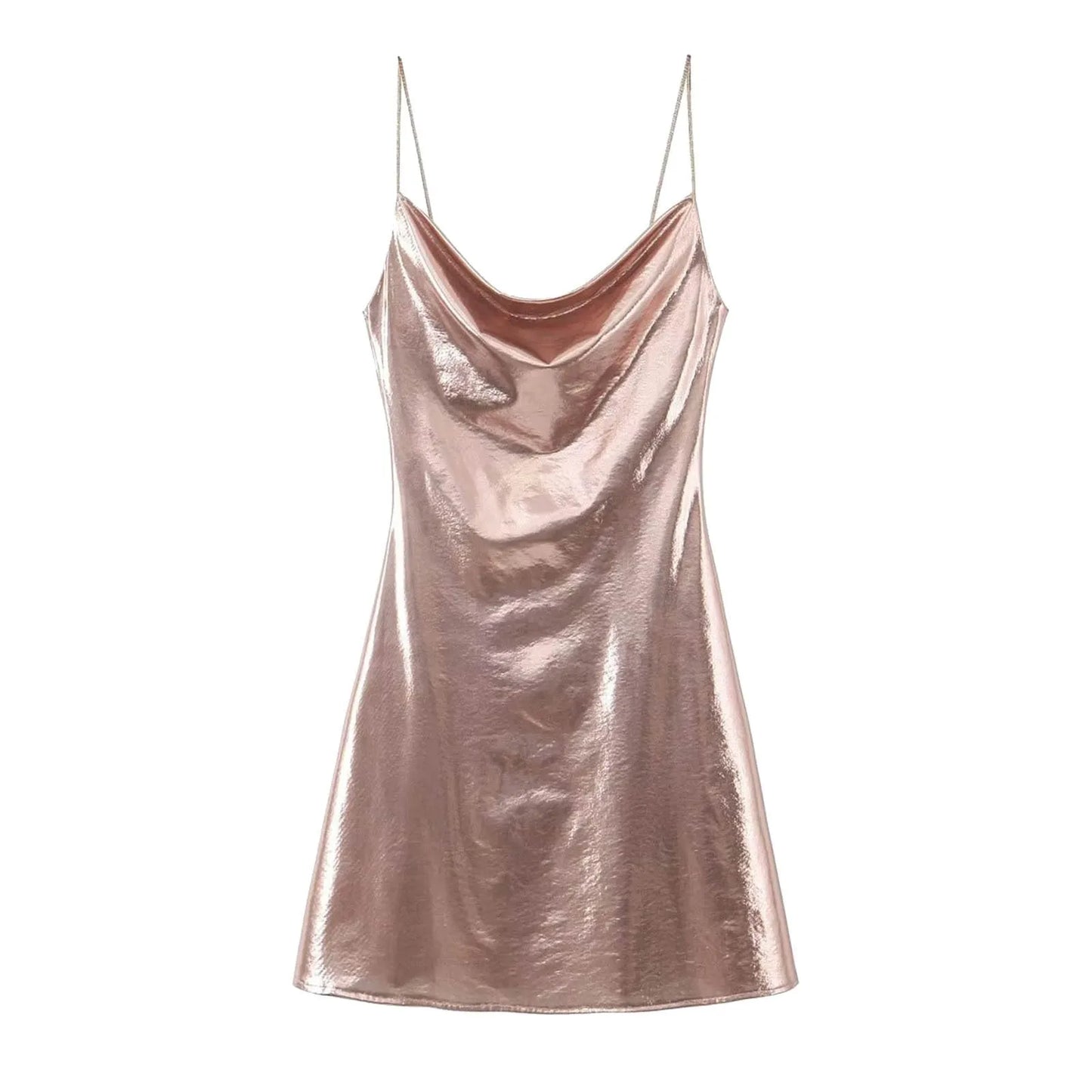 Metallic Finish Spaghetti Strap Mini Dress with Draped Cowl Neckline