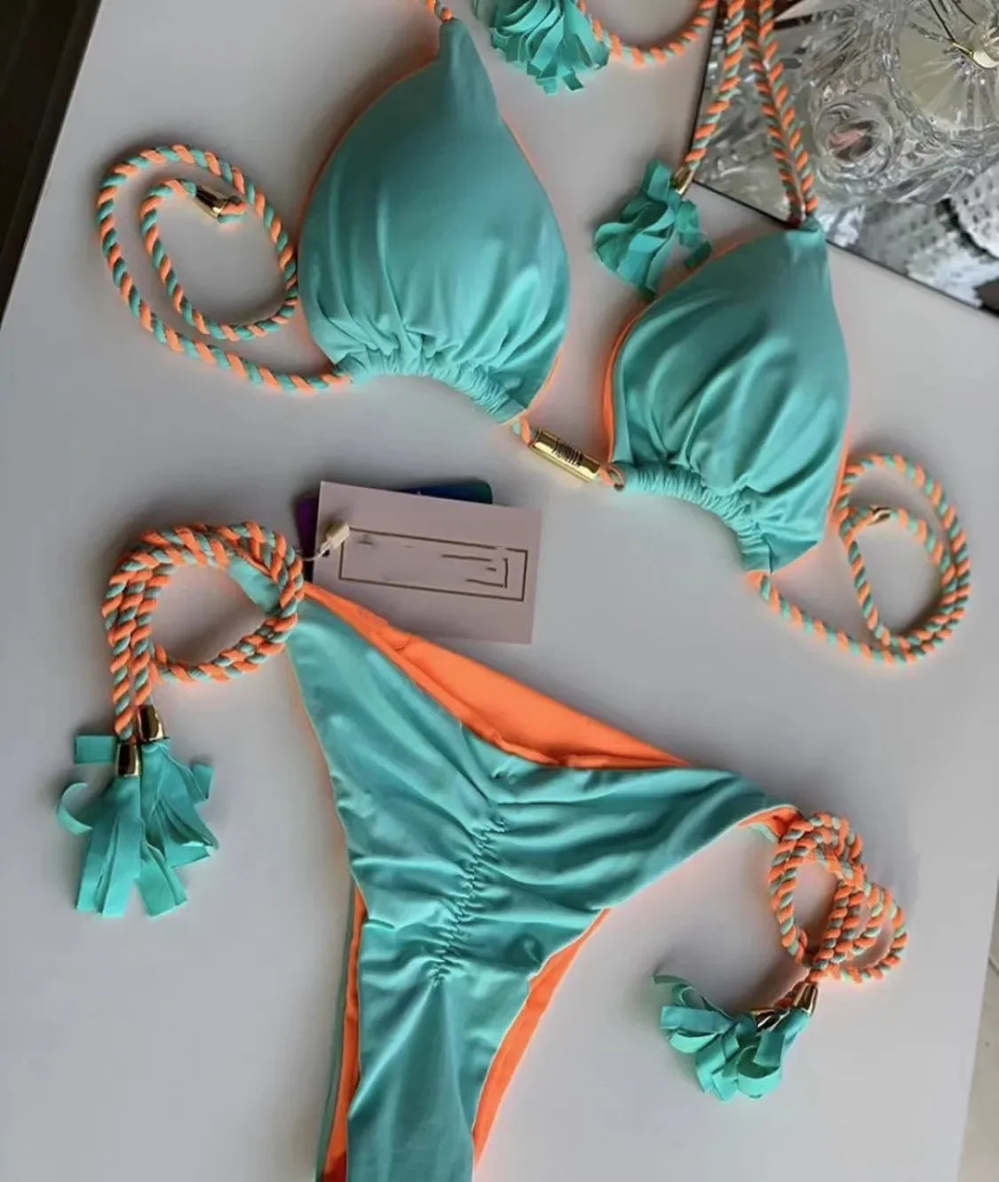 Soft Periwinkle Triangle Bikini Set with Two-Tone Twisted Rope and Tassel Details