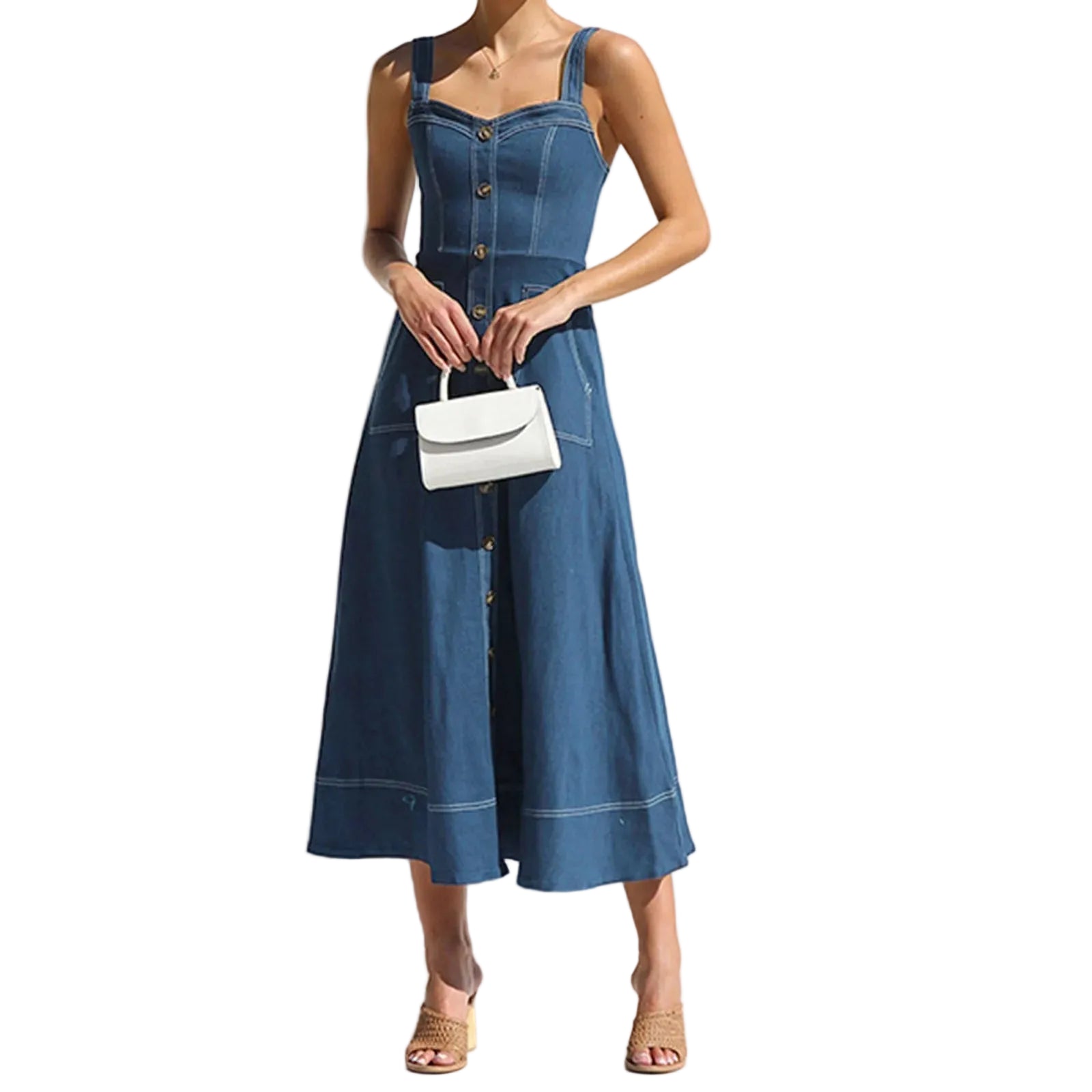 Button Front Denim Midi Dress with Structured Bodice and Adjustable Straps