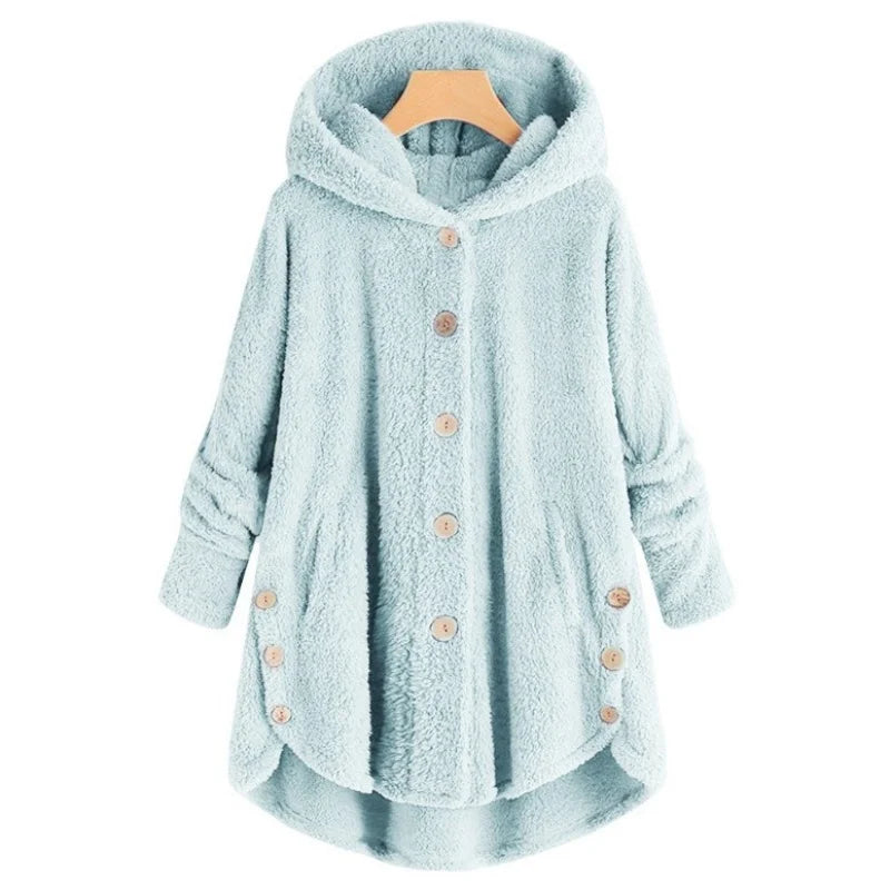Women's Plush Hooded Teddy Fleece Coat with Button Front for Cozy Winter Layering