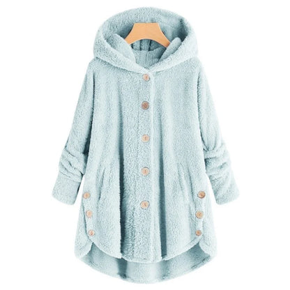 Women's Plush Hooded Teddy Fleece Coat with Button Front for Cozy Winter Layering
