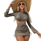 Three-Piece Crisp White String Bikini Set with Sheer Mesh Long-Sleeve Cover-Up