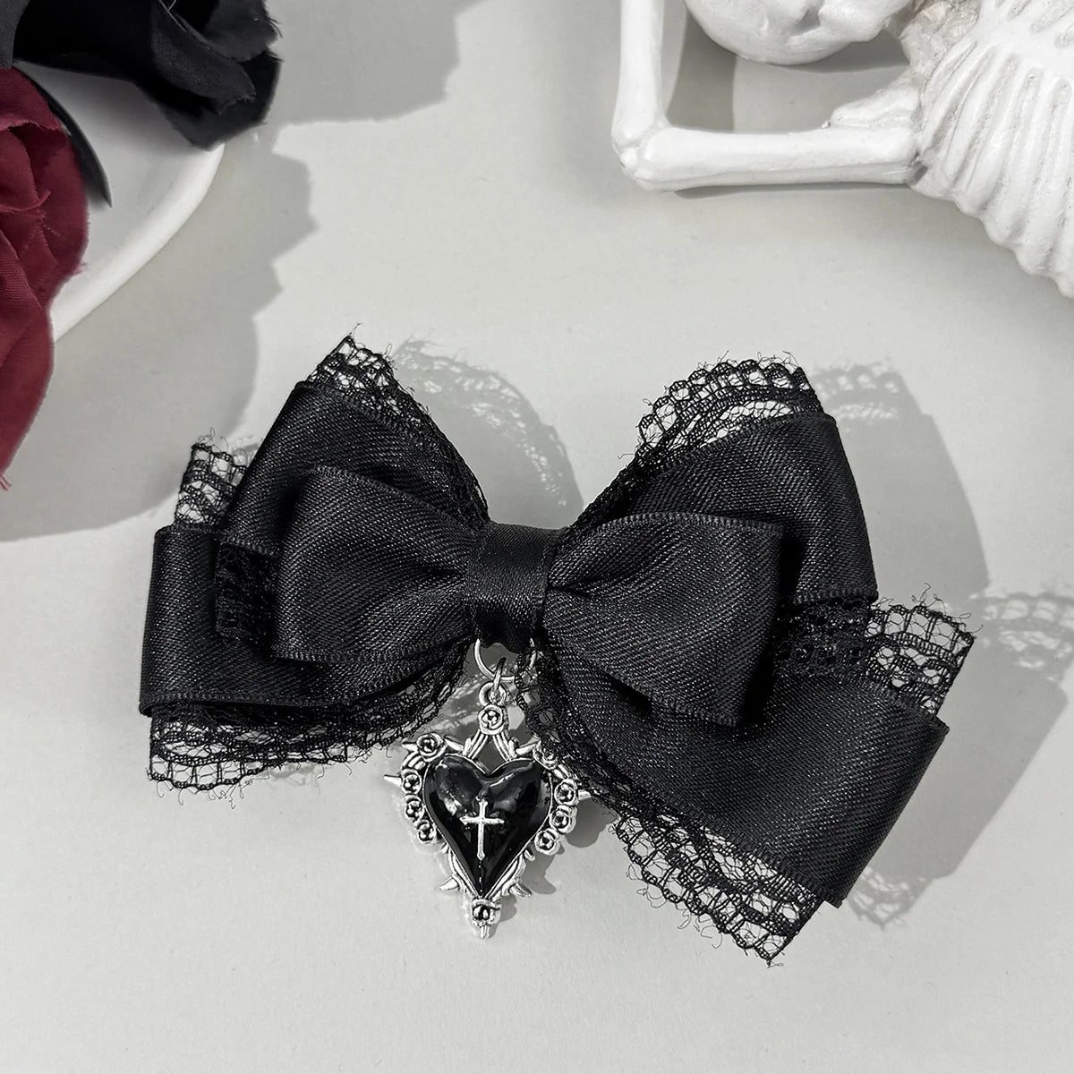 Gothic Lace Ribbon Bow Hair Clip Dark Romantic Statement Accessory