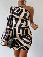 Geometric One Shoulder Bodycon Mini Dress with Lantern Sleeve Statement Design