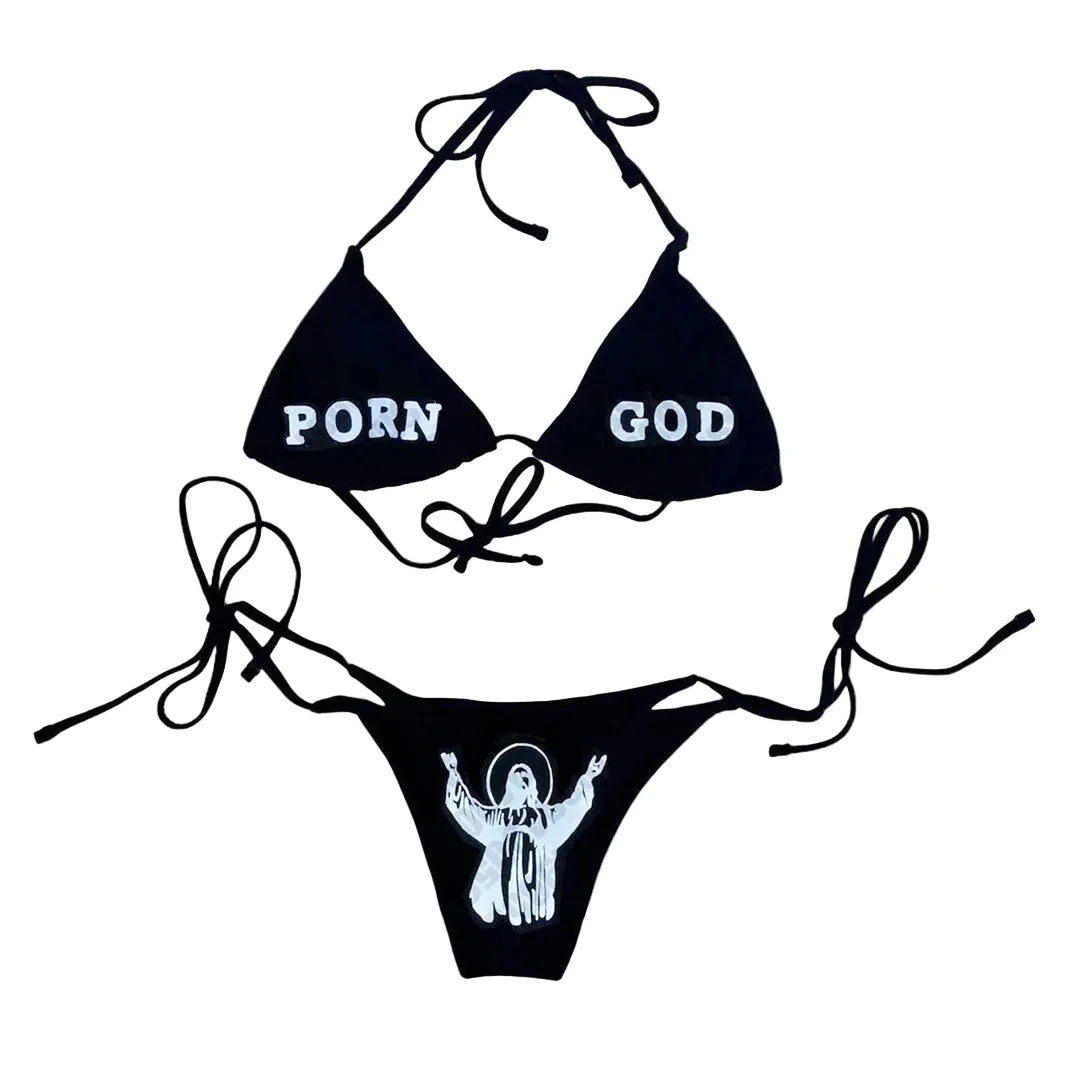 Black Graphic Print String Bikini with Bold Lettering and Side-Tie Bottoms