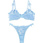 Light Blue Floral Embroidered Sheer Mesh Underwire Bra and Thong Set