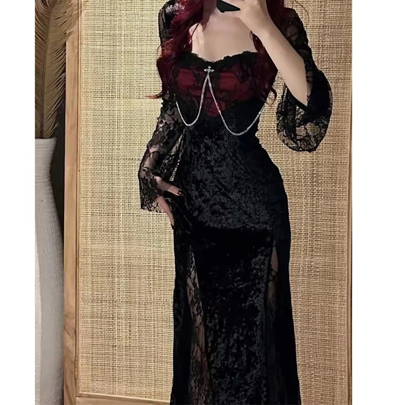 Elegant Gothic Lace Maxi Dress with Dark Alternative Evening Aesthetic