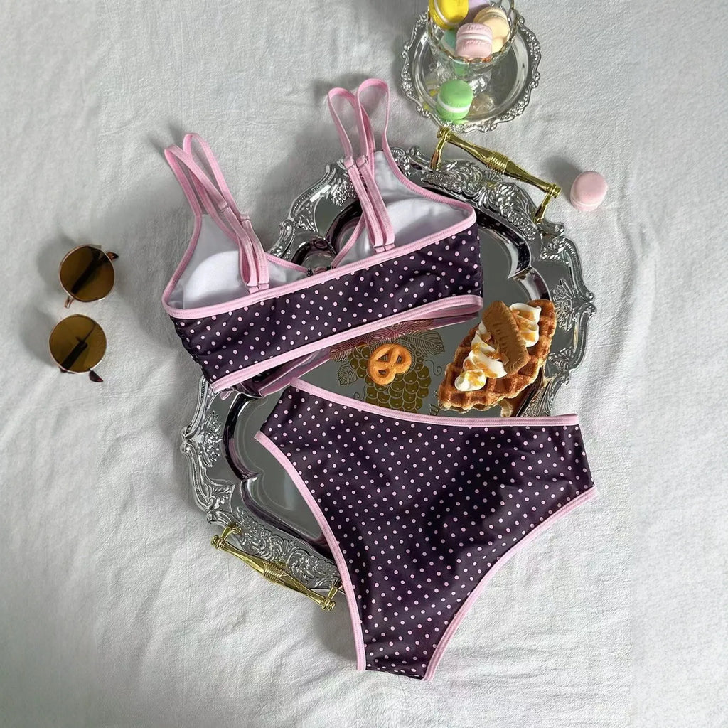 Y2K-Inspired Polka Dot High-Waisted Bikini with Pink Contrast Binding and Front Tie