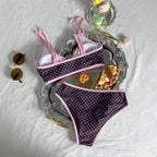 Y2K-Inspired Polka Dot High-Waisted Bikini with Pink Contrast Binding and Front Tie