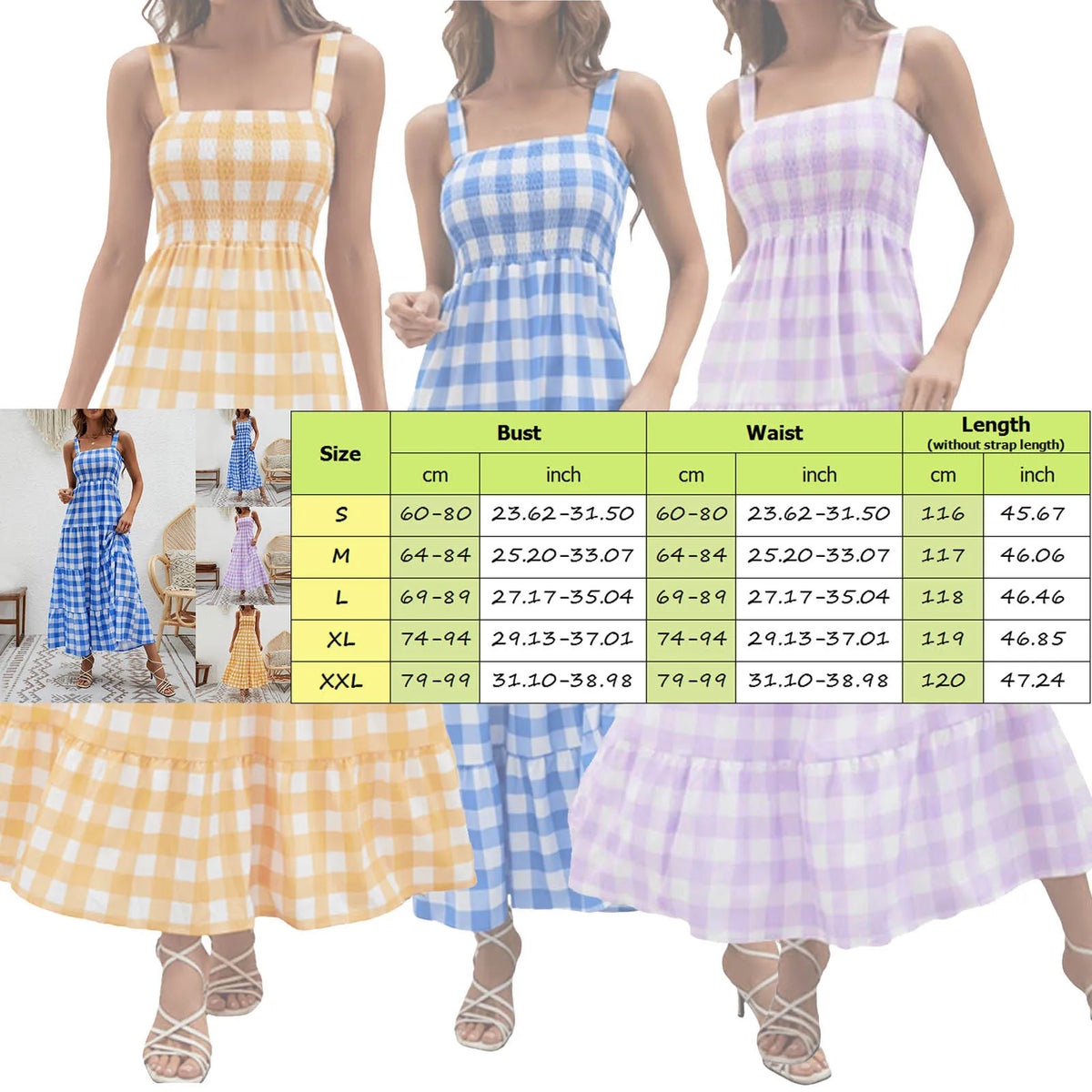Yellow Gingham Tiered Maxi Dress with Smocked Bodice and Wide Straps