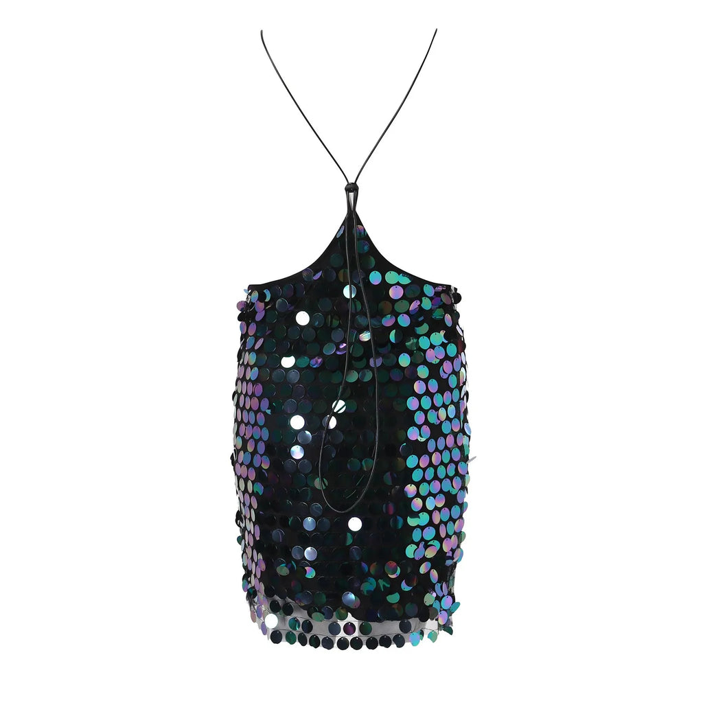 Sequin Backless Slip Mini Dress with Deep V Neck Party Silhouette