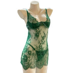 Emerald Green Sheer Floral Lace Mini Dress with Defined Cups