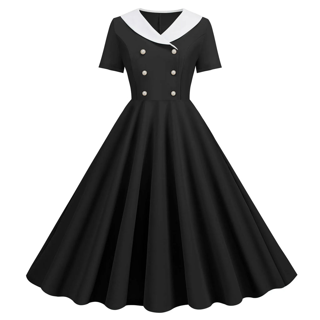Vintage-Inspired Yellow Swing Dress with Contrast Collar and Decorative Buttons