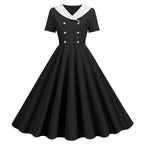 Vintage-Inspired Yellow Swing Dress with Contrast Collar and Decorative Buttons