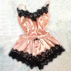 Satin Cami Pajama Set with Black Lace Trim, Delicate Spaghetti Straps and Coordinating Shorts