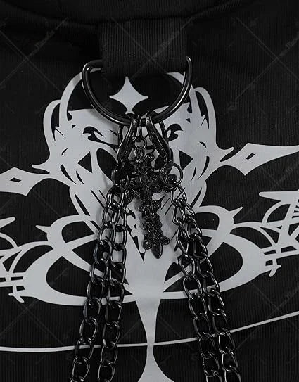 Women's Gothic Cropped Hooded Sweatshirt with Chain Details and Long Sleeve Streetwear Design