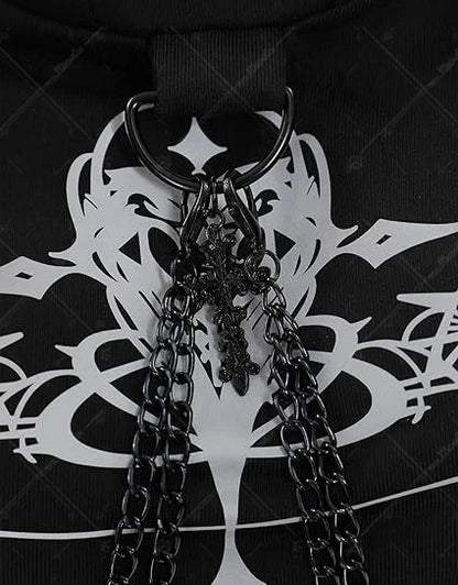Women's Gothic Cropped Hooded Sweatshirt with Chain Details and Long Sleeve Streetwear Design