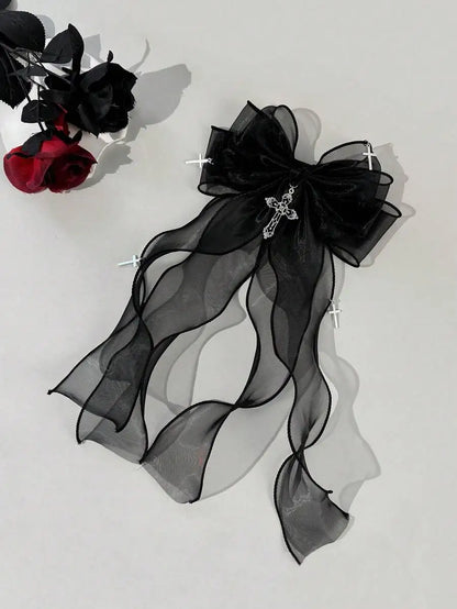 Gothic Mesh Bow Hair Clip With Cross Charm Alternative Statement Accessory