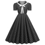 Retro Red and White Polka Dot Swing Dress with Bow Collar