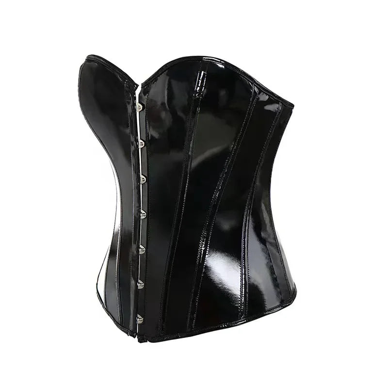 Glossy PVC Overbust Corset with Front Zip Closure and Lace-Up Back