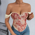 Embroidered Strapless Corset Top with Floral Artwork and Structured Fit