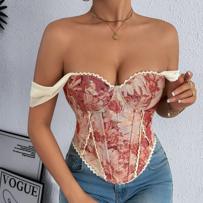 Embroidered Strapless Corset Top with Floral Artwork and Structured Fit