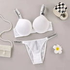 Embossed Lace Texture Push-Up Bra and Matching Crystal Strap Thong Set