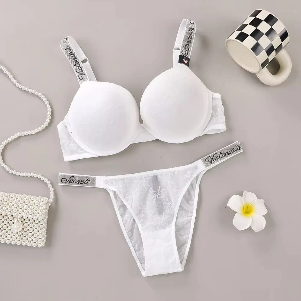 Embossed Lace Texture Push-Up Bra and Matching Crystal Strap Thong Set