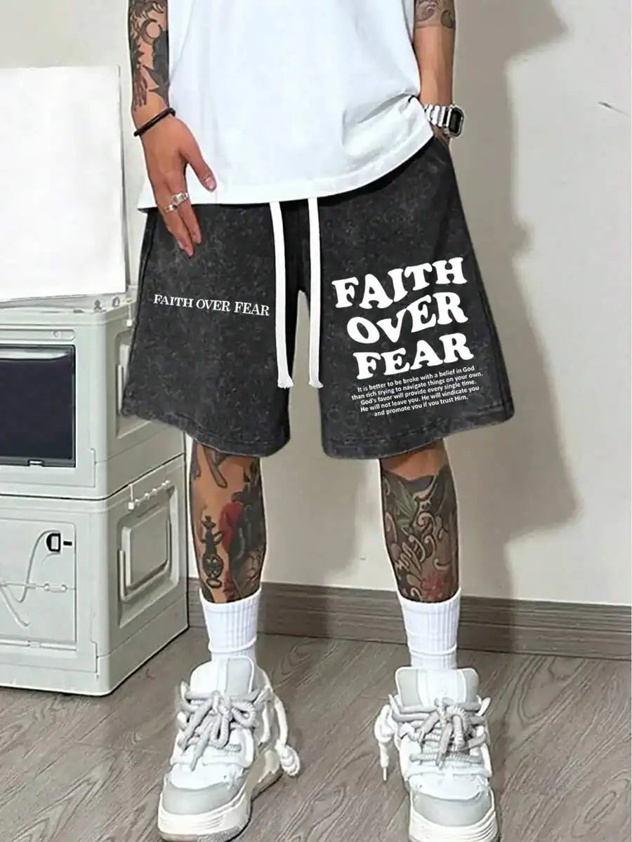 Men's Relaxed Cotton Drawstring Shorts with Vintage Graphic Streetwear Inspired Design