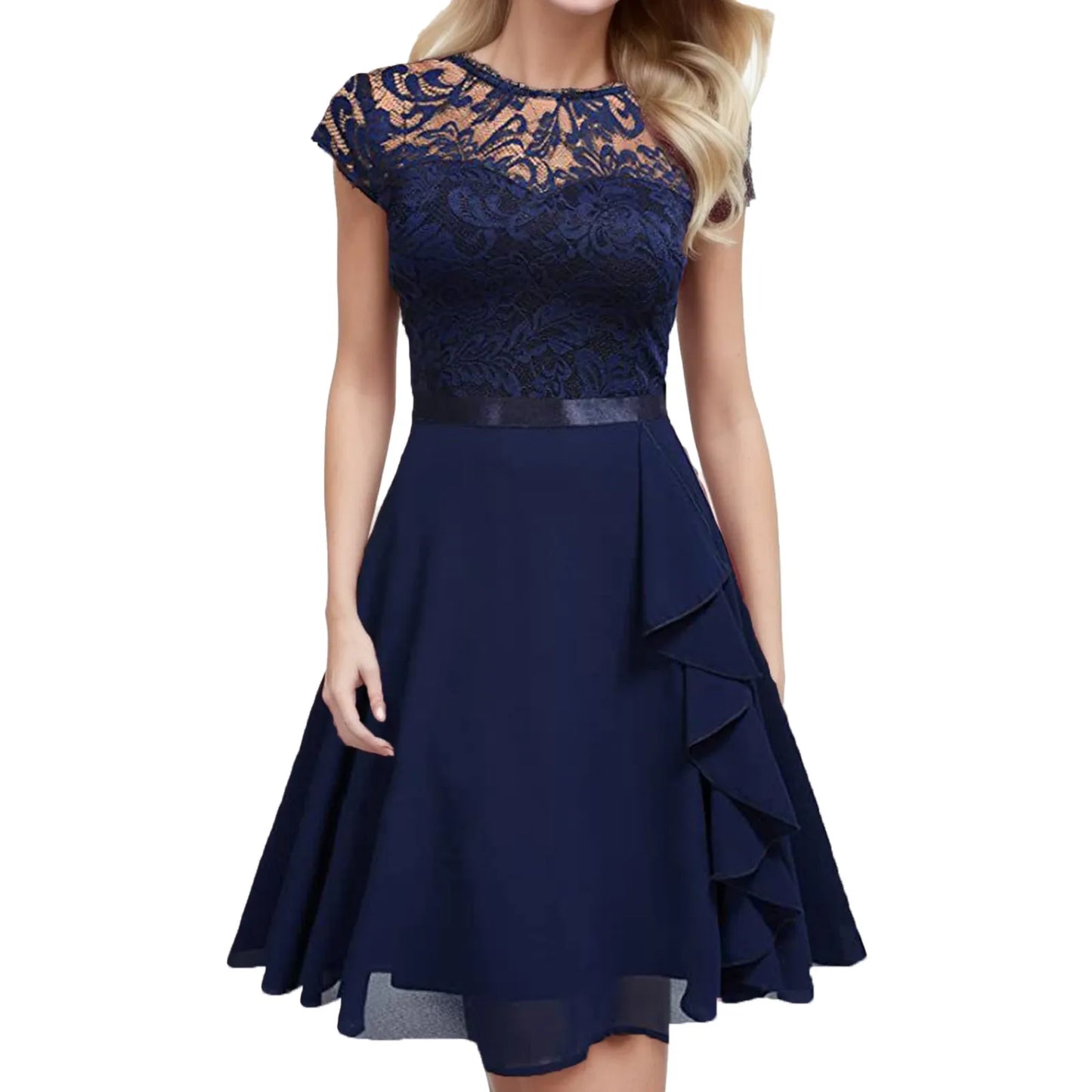 Lace Panel Ruffle Hem Feminine Alternative Midi Dress