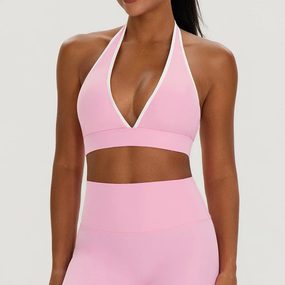 Color-Blocking Deep-V Halter Sports Bra with Contrast Binding